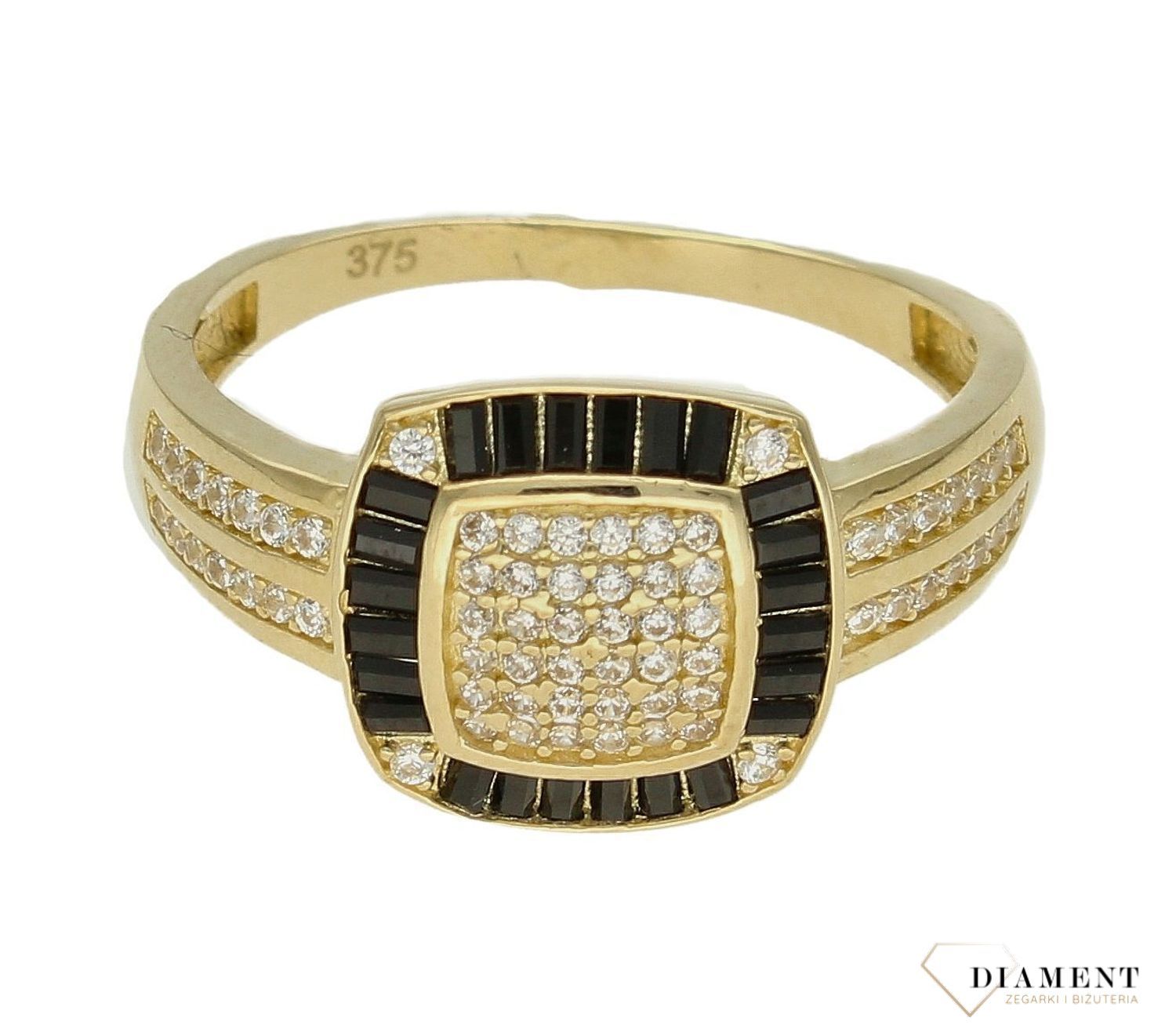 Złoty pierścionek sygnet damski 375 z cyrkoniami rozmiar 22 PI 6514 375. Sygnet damski z kwadratowym oczkiem. Złota biżuteria na prezent. Pierścionki złote na prezent. Pomysł na prezent dla kobiety. Oryginalny złoty pierścione.jpg